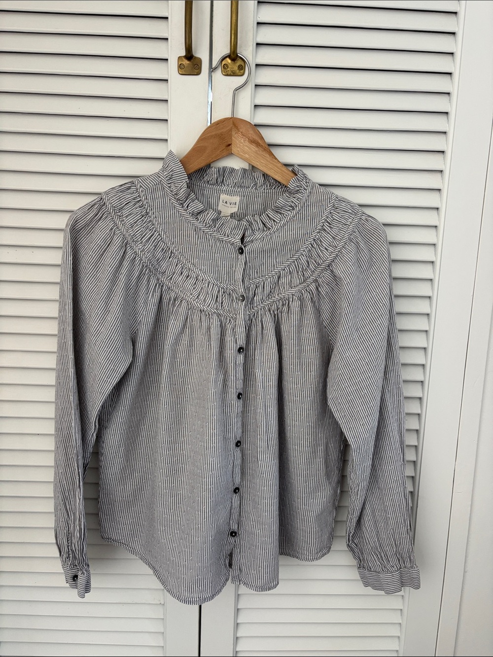 La Vie Rebecca Taylor Striped Ruffle-Yoke Button-Front Blouse in Black and White